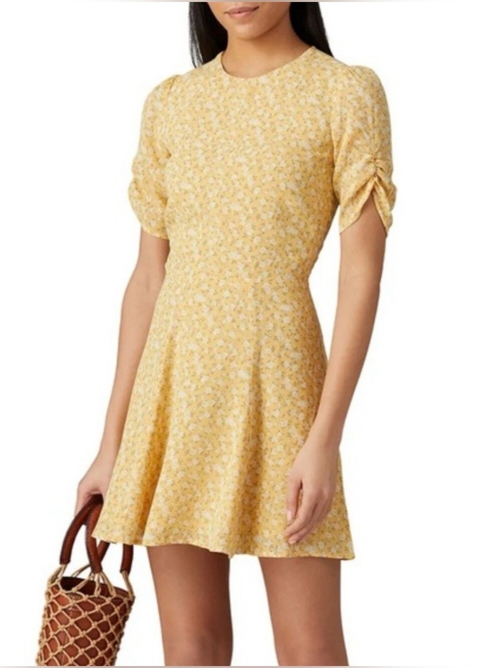 REFORMATION Lilly Grace Butter Yellow Floral Short Sleeve Dress SZ 0. B14